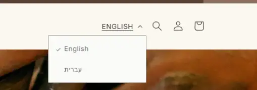 Переключатель языка в шапке магазина: English и иврит.